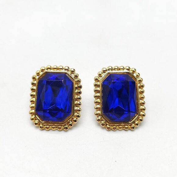 Vintage Gold Tone 1980s Earrings With Blue Glass Gemstones Rectangular Design - Picture 1 of 4